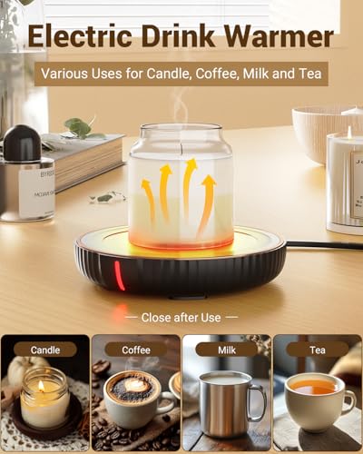 HouseGem Large Candle Warmer Plate - Coffee Cup Mug Warmer for Desk, Candle Melter, Electric Mug Heater for Beverages, Milk & Tea, Coffee Accessories Ideal Gifts Keep Cup Warm (Black) House Gem