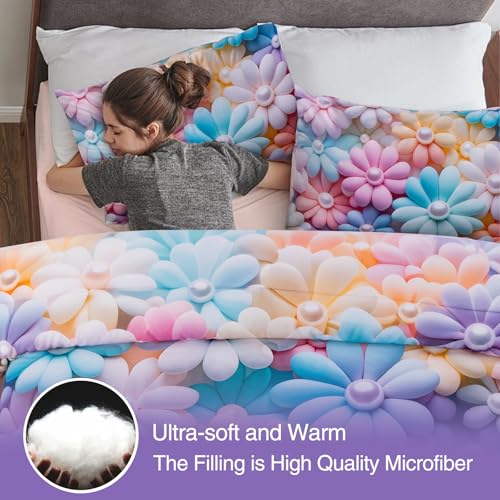 A Nice Night Stunning Blooming 3D Flower Floral Comforter Sets, with Pearl Flower Core Pattern Bedding Set for Girls Twin Size, Ultra Soft Bedding Sets (Blue-Purple, Twin 6Pcs) A Nice Night