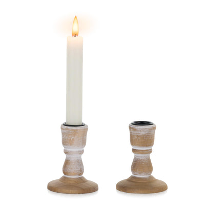 NUPTIO Taper Candle Holders Wood: 2 Pcs Rustic Brown Wooden Candlestick Holder - Vintage Small Farmhouse Candles Stick Candleholder for Christmas Wedding Party Home Living Room Table Decor