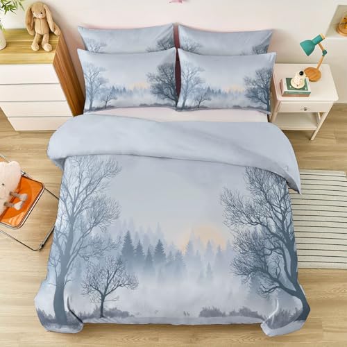 Duvet Cover Single 61" x 79" Size - Reversible Minimalist Winter Landscape Duvet Cover Set for Kids and Adults with Zipper Closure, 3 Pieces Grey Bedding Set with 2 Pillow Shams Generic
