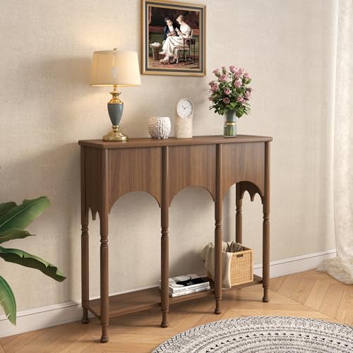 Topbele 40" Console Table with Storage Shelf, Retro Entryway Table, Wooden Sofa Table with Roman-Style Legs for Living Room, Hallway, Brown Topbele