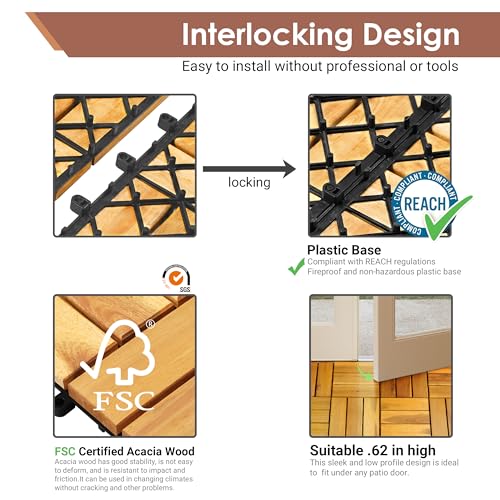 PrimeZone 54 PCS Solid Acacia Wood Interlocking Patio Deck Tiles - 12" x 12" Indoor Outdoor Waterproof Flooring Tiles for Balcony, Backyard, Garden & Poolside, All Weather Use, Natural Wood, Checker PrimeZone