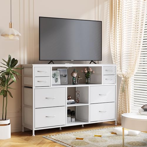 Leadpro TV Stand with LED Lights and Power Outlet, TV Dresser for 55 inches, Media Console Table with Drawers Cabinet and Open Storage Shelf Furniture Cabinet for Living Room,White Leadpro