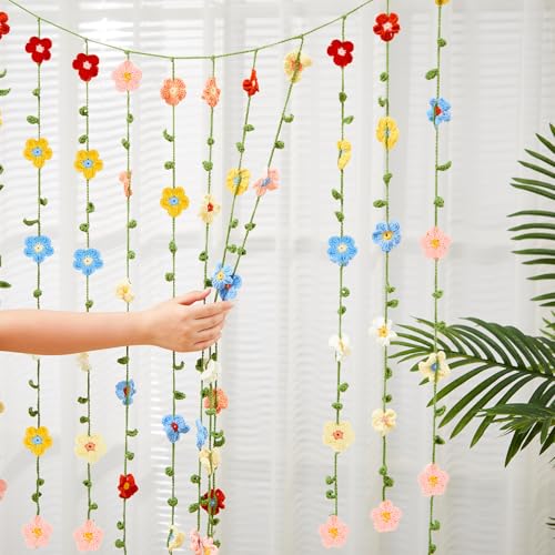Suncalla 23 ft Crochet Flowers Wall Hanging Decor Boho Knitting Flower Garland Ornaments Curtain Backdrop Hanging Tassel Decoration Room Divider for Home Bedroom Wall Door Window Suncalla