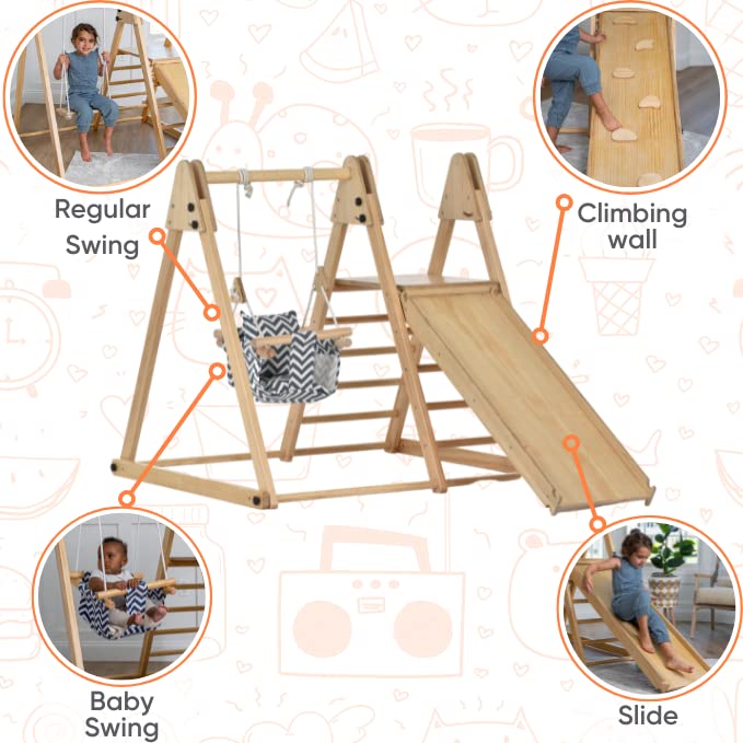 Avenlur 4-in-1 Juniper Indoor Play Gym - Jungle Gym Playset with Baby Swing, Slide, Ladder, and Climbing Wall - Foldable Wooden Playset - Indoor Jungle Gym for Kids Ages 18mo to 6yrs Avenlur