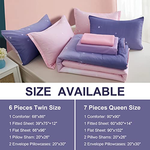 Dinjoy Girls Women Comforter Set King Size Ombre Pink Purple Rainbow Bedding Set 7 Pieces Bed in A Bag for Teen Adult (1 Comforter, 1 Flat Sheet, 1 Fitted Sheet, Pillow Shams & Pillowcases) Dinjoy