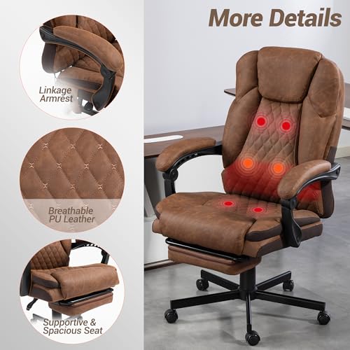 WENTUM Massage Office Chair with Foot Rest, 6 Points Vibration Heating Executive Chairs Ergonomic Home Office Desk Chair with Reclining Backrest, Adjustable Arms and Lumbar Support-Brown WENTUM