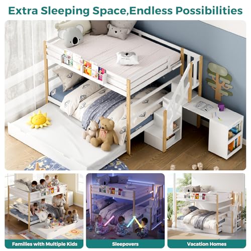 Wooden Full Over Full Bunk Bed with Trundle, Storage Stairs & Convertible Fold-Out Desk, Durable Solid Wood Frame, No Box Spring Required, Ideal for Kids, Teens & Adults (White + Natural Wood, Full) smilesun