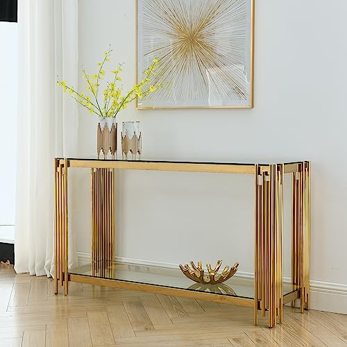 Goujxcy Modern Glass Console Table, 55" Gold Sofa Table with Sturdy Metal Frame and Clear Tempered Glass Top for Living Room Entryway Bedroom (Gold) Goujxcy