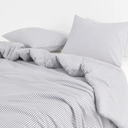 Wake In Cloud - Striped Comforter Set, 100% Cotton Fabric, Ticking Stripe Vertical Pinstripe Neutral Farmhouse Aesthetic, 3 Pieces Bedding Set, Gray, King Size Wake In Cloud