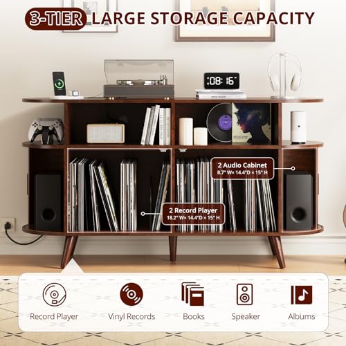 FURSUN 55" Large Round Record Player Stand, Record Storage Cabinet Holds Up 300 Albums with Charging Station & USB Ports, Fluted Modern Turntable Stand for Bedroom, Living Room, Dark Walnut FURSUN