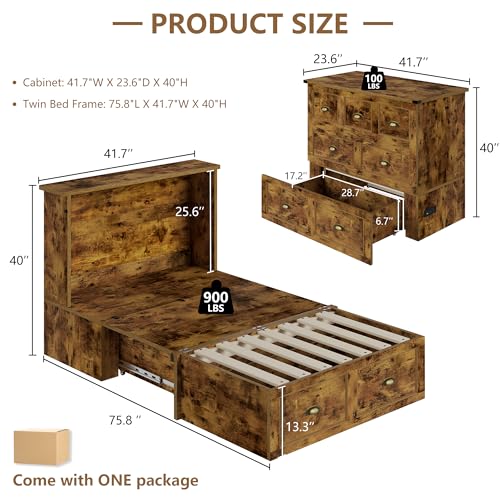 AMERLIFE Twin Size Murphy Bed, Farmhouse Wooden Cabinet with Charging Station and Storage Drawer for Bedroom/Office/Guest Room, Rustic Brown AMERLIFE