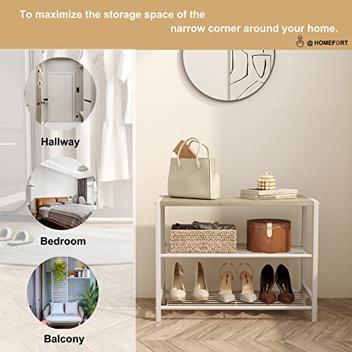 HOMEFORT 3-Tier Shoe Rack, Shoe Storage Shelf, Industrial Shoe Tower, Narrow Shoe Organizer for Closet Entryway, Small Shoe Rack Table with Durable Metal Shelves, White Oak HOMEFORT