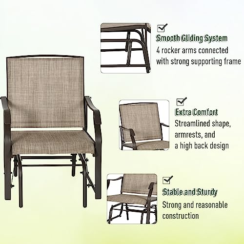 Outsunny 3 Piece Outdoor Glider Chair with Coffee Table Bistro Set, 2 Patio Rocking Swing Chairs with Breathable Sling Fabric, Glass Tabletop, for Backyard, Garden and Porch, Mixed Brown Outsunny