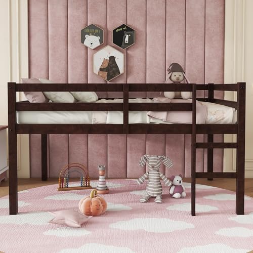 Full Loft Bed with Ladder,Rubber Wood Kids Bed with Guardrails,Low-Profile Lofts for Children’s Room,Space-Saving Underbed Storage,Sturdy Construction,Minimalist Design for Bedroom, Espresso GDFStudio