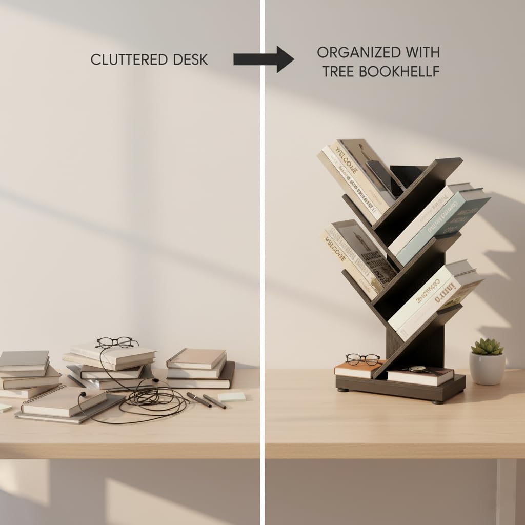 ruboka 5-Shelf Tree Bookshelf, 5 Tier Floor Standing Bookcase for CDs/Magazine/Books, Small Book Organizer for Bedroom, Living Room, Office,Balcony,Retro Storage Shelve