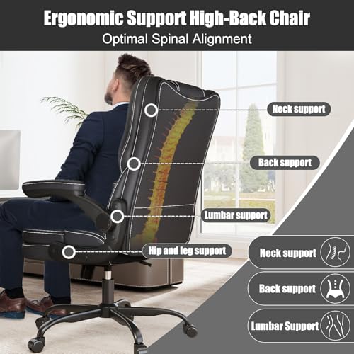 Ergonomic Office Chair with Flip-up Armrests 300lbs,Middle-Tall Computer Office Desk Chair with Lumbar Support,Executive Leather Chair with Rocking Function Adjustable Height for Home Office Box DesignLab