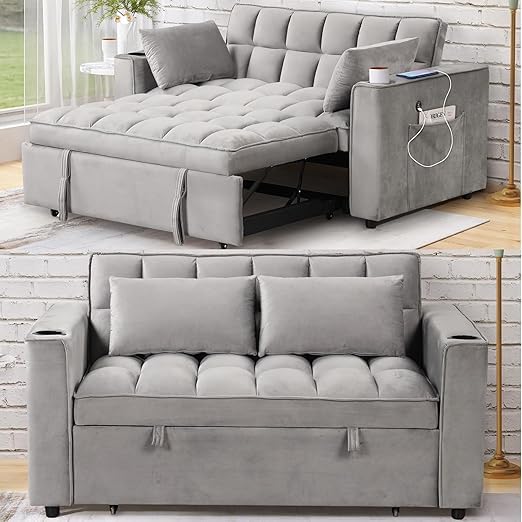 Multi-Functional Sofa Bed with Cup Holder and USB Port, Loveseat Pull Out Sofa Bed Sleeper Bed for Living Room Office Apartment (Gray) BEDGJH