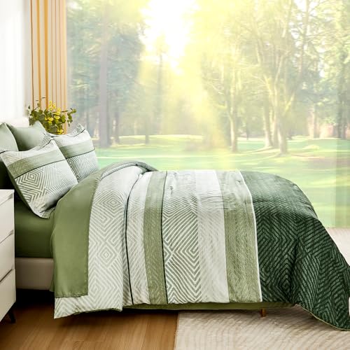 Drucon Christmas Olive Green Striped Comforter Set Queen Size 7 Pieces Reversible Bedding Set, Boho Bed in a Bag, Soft Microfiber Comforter and Sheet Set for All Season Drucon
