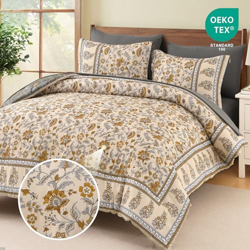 Dinjoy Boho Comforter Set Queen,Beige Brown Bedding Paisley Floral 7 Piece Bed in a Bag Reversible Lightweight Bohemain Comforters with Sheet Sets for All Season Dinjoy