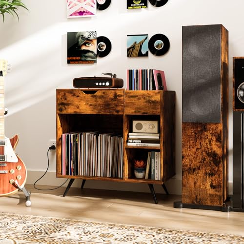 LOKO Record Player Stand with Charging Station, Vinyl Record Holder with Removable Divider, Industrial Turntable Display Stand, Record Storage Table Cabinet for Living Room, Bedroom, Rustic Brown LOKO