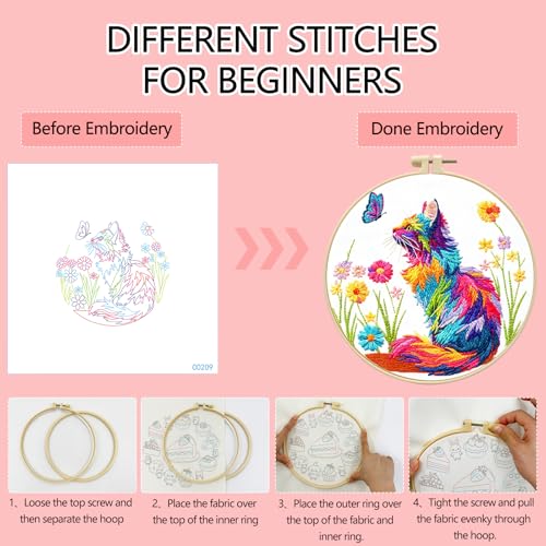 Zhenqing Rainbow Cat and Butterfly Embroidery Kit for Beginners, Whimsical Colorful Cat Design on Pre-Printed 29x29cm Circular Cotton Fabric with 20cm Hoop (C0209)