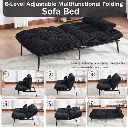 Tocsuna Corduroy Convertible Futon Sofa Bed – Folding Iron Frame Sleeper Couch with Adjustable Backrest, Loveseat Recliner for Living Room, Apartment,(Black) Tocsuna