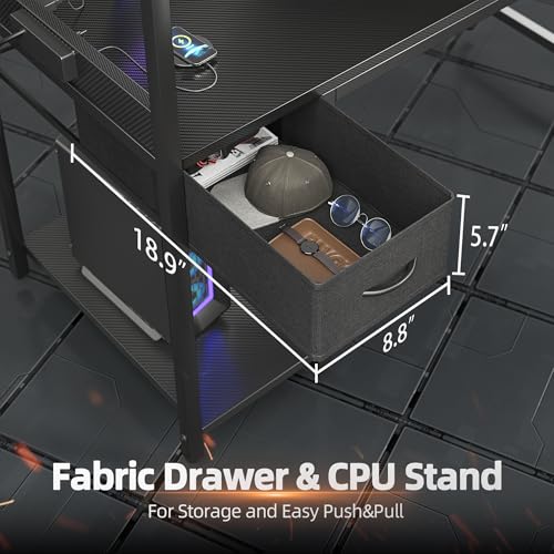 TIQLAB Gaming Desk 40 inch with Power Outlet and LED Light, Computer Desk with Reversible Shelves and Storage Drawer, Small PC Desk for Home Office Table with Bag, Carbon Fiber Black TIQLAB