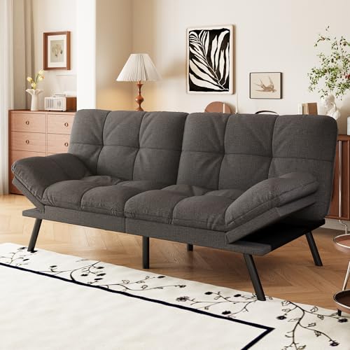 AMICLIBER Convertible Futon Sofa Bed,71" Memory Foam Futon Couch,Detachable Cushion,Adjustable Backrest & Armrest,Linen Modern Loveseat Sleeper Recliner for Living Room,Office,Apartment,Retro Grey AMICLIBER