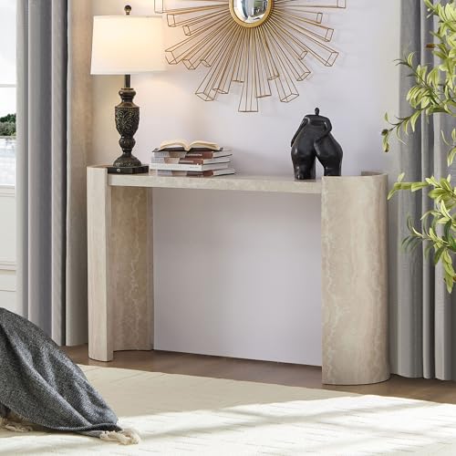 WILLIAMSPACE 53.13" Curved Console Table with Faux Mars Marble Pattern, Modern Wooden Hallway Table Narrow Entryway Table Accent Sofa Table for Living Room, Foyer, Corridor, Beige WILLIAMSPACE