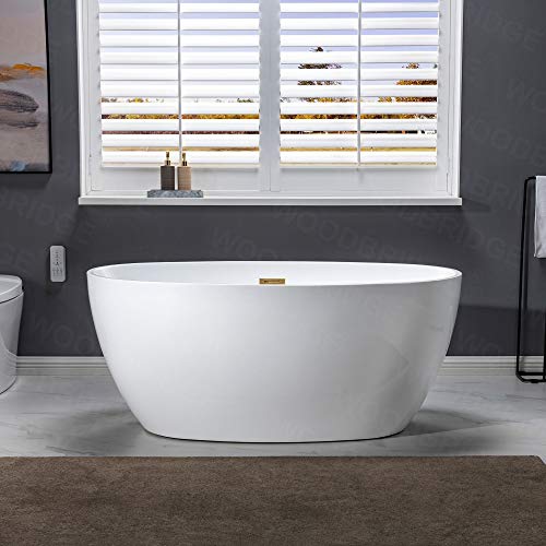 WOODBRIDGE 55" Acrylic Freestanding Bathtub Contemporary Soaking White Tub with Brushed Gold Overflow and Drain,B1418-BG WOODBRIDGE
