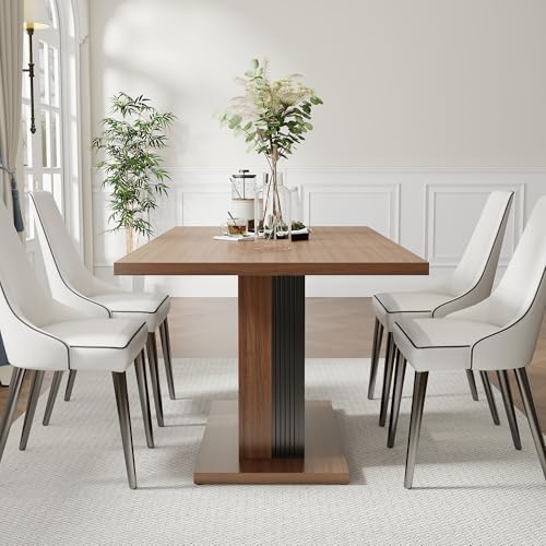 Manora 55" Modern Farmhouse Dining Table for 6 People, Rectangular Kitchen & Dining Room Wood Table with Pedestal Base, Walnut Finish Manora