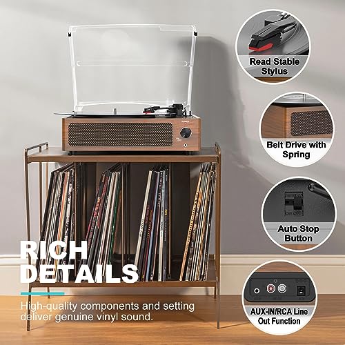 WOCKODER Vintage Record Players for Vinyl with Speakers Belt-Driven Retro Turntable for Vinyl Records Support 3-Speed, Bluetooth Playback, AUX-in, Headphone, RCA All-in-on LP Vinyl Players Brown WOCKODER