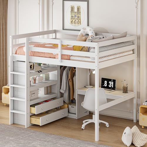 Loft Bed Full Size with Built-in Wardrobe, Desk, Storage Shelves and Drawers, Solid Wood Loft Bed Frame for Kids Teens Adults (White) BEDGJH