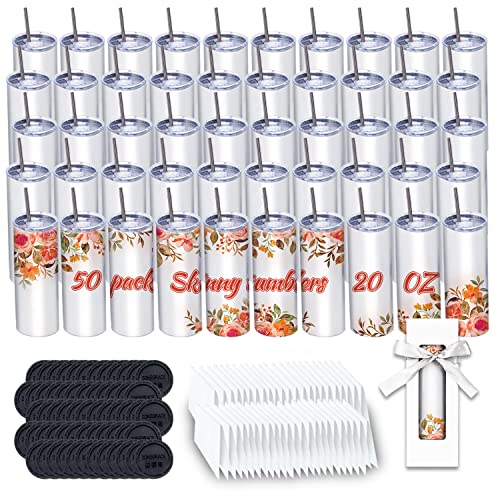50 Pack Sublimation Tumblers 20 oz Skinny bulk,Stainless Steel Double Wall Insulated Straight Sublimation Tumbler Cups Blank White with Lid,Individually Box,Polymer Coating for Heat Transfer ZONEGRACE