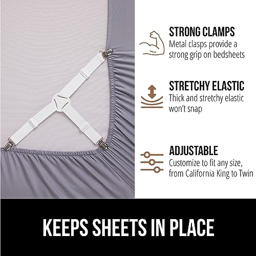 GORILLA GRIP Patent Pending Bed Sheet Holders, Adjustable Elastic Fasteners with Metal Clips, Keep in Place Fitted Bedding Straps, Firm Tight Suspenders for Mattress, US Designed, 4 Pack White GORILLA GRIP
