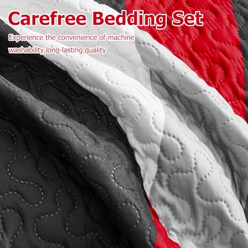 weesire Black and Red Bedding Quilt King Size with 2 Shams, Modern Stripe Comforter Sets Classic Line Pattern Bedspreads Grey and Red Coverlet, 96''x106'' weesire