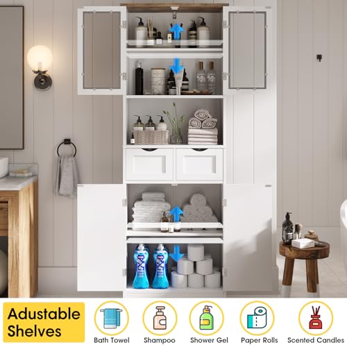 Maupvit 67" Tall Bathroom Storage Cabinet with 4 Doors & 2 Drawer, Freestanding Pantry Cabinet, Linen Storage Cabinet with Adjustable Shelves for Living Room, Kitchen, White Maupvit