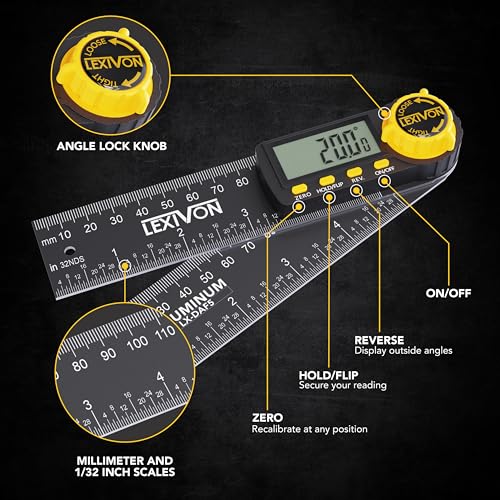 LEXIVON Aluminum Digital Angle Finder Gauge, 5-inch/130mm Multi-Purpose Protractor, Includes XL Display and Rugged Zippered Pouch (LX-DAF5) LEXIVON