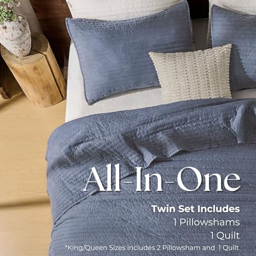 DOWN HOME Queen Quilt Bedding Set with Shams, Vintage Washed Soft Quilted Blanket Thin Comforter Lightweight Bedspread Coverlet Bed Cover, Brushed Microfiber Stripe Stitching, Vintage Denim, 86"x90" DOWN HOME