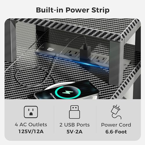 SUPERJARE 47 inch Reversible L Shaped Desk with LED Lights & Power Outlets, Computer Desk with Shelves & Monitor Stand, Gaming Desk with Drawer, Home Office Desk Corner Desk, Carbon Fiber Black SUPERJARE