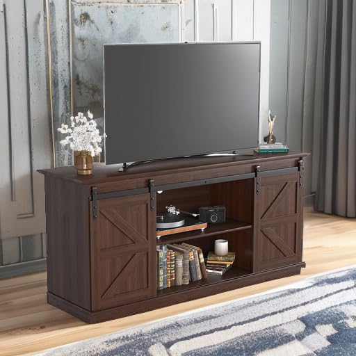 JUMMICO TV Stand for 65 Inch TV, Entertainment Center with Storage Cabinets and Sliding Barn Doors, Mid Century Modern Media TV Console Table for Living Room Bedroom (Brown) JUMMICO