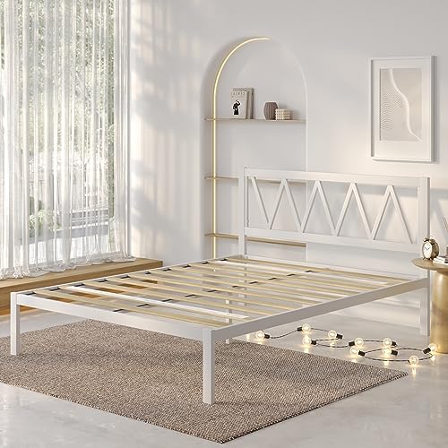 Novilla Full Size Bed Frame with Headboard, Metal Platform Bed Frame, Heavy Duty, No Box Spring Needed, Wood Slat Support, Easy Assembly, White Novilla