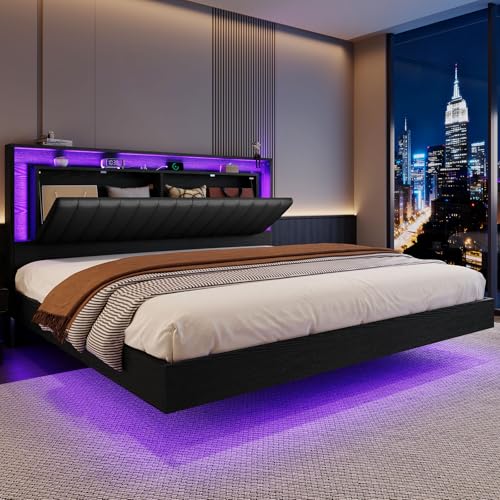 Belffin Floating Bed Frame King Size with LED Lights & Charging Station, Wooden Headboard with Hidden Storage and Faux Leather Backrest, Easy Cleaning, No Box Spring Needed, Noise-Free, Black Belffin