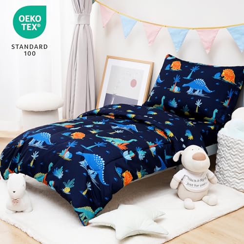 david's kids 4 Piece Toddler Bedding Set - Soft Breathable Toddler Bedding Set for Boys Girls, Includes Quilted Comforter, Flat Sheet, Fitted Sheet and Pillowcase, Dinosaur Navy david's kids