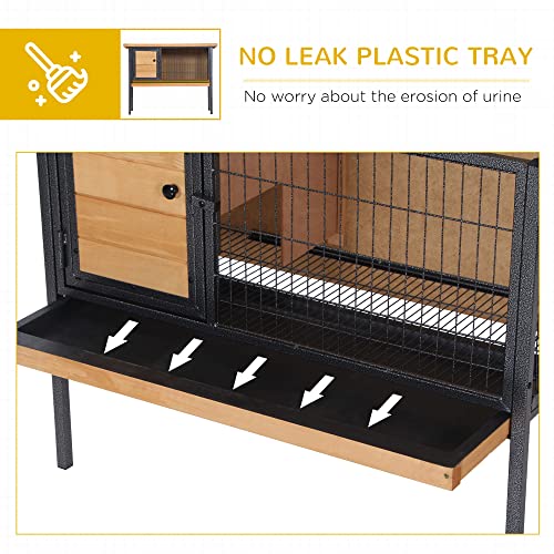 PawHut Rabbit Hutch Elevated Bunny Cage Small Animal Habitat with Metal Frame, No Leak Tray, Mtetal Wire Pan and Openable Water-Resistant Asphalt Roof for Indoor/Outdoor Natural Wood PawHut