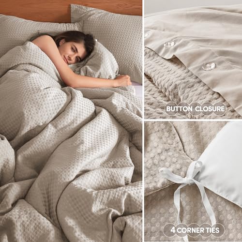 Comfort Spaces Taupe Queen Duvet Cover Set - 3 Pieces Breathable Dotted Weave Texture Duvet Sets, Modern Farmhouse Boho Duvet Cover & Sham, All Season Microfiber Queen Bed Set, Full/Queen Comfort Spaces