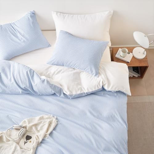 Wake In Cloud - Striped Comforter Set, Ticking Stripe Vertical Pinstripe Neutral Farmhouse Pattern Printed, Soft Lightweight Bedding, 3 Pieces, Blue White, Full Size Wake In Cloud