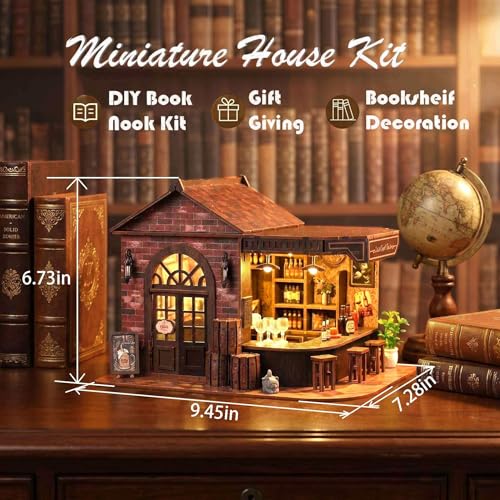 Book Nook Kit, 3D Wooden Miniature Tavern & Pub Dollhouse with LED Lights - DIY Mini House Craft Model for Adults, Birthday Valentine's Day Gift for Women Men