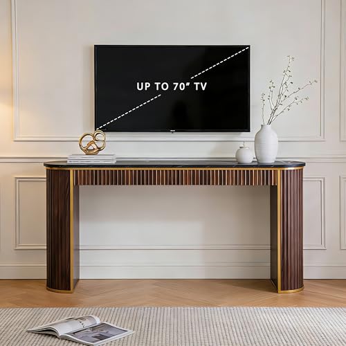 OKD Modern Fluted Console Table, 63" Long Narrow Entryway & Sofa Tables for Hallway, Tall Accent Table Behind Couch for Foyer Living Room, Dark Walnut OKD
